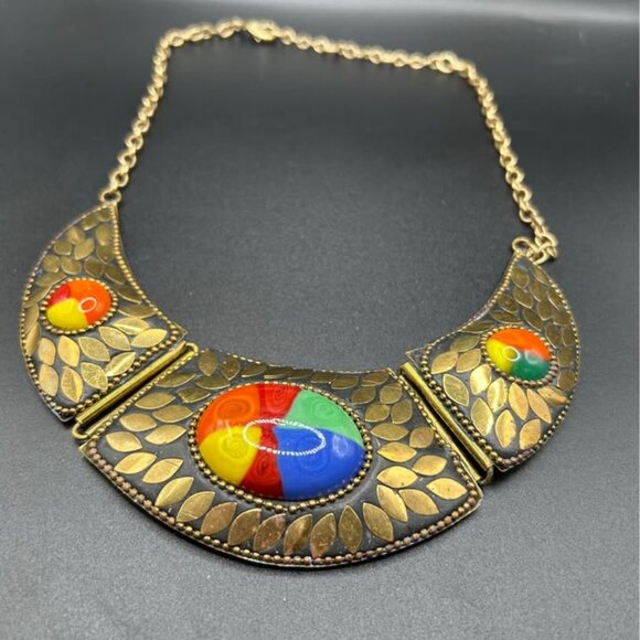 Gold Tone Multi Gem Necklace Statement - Picture 2 of 3